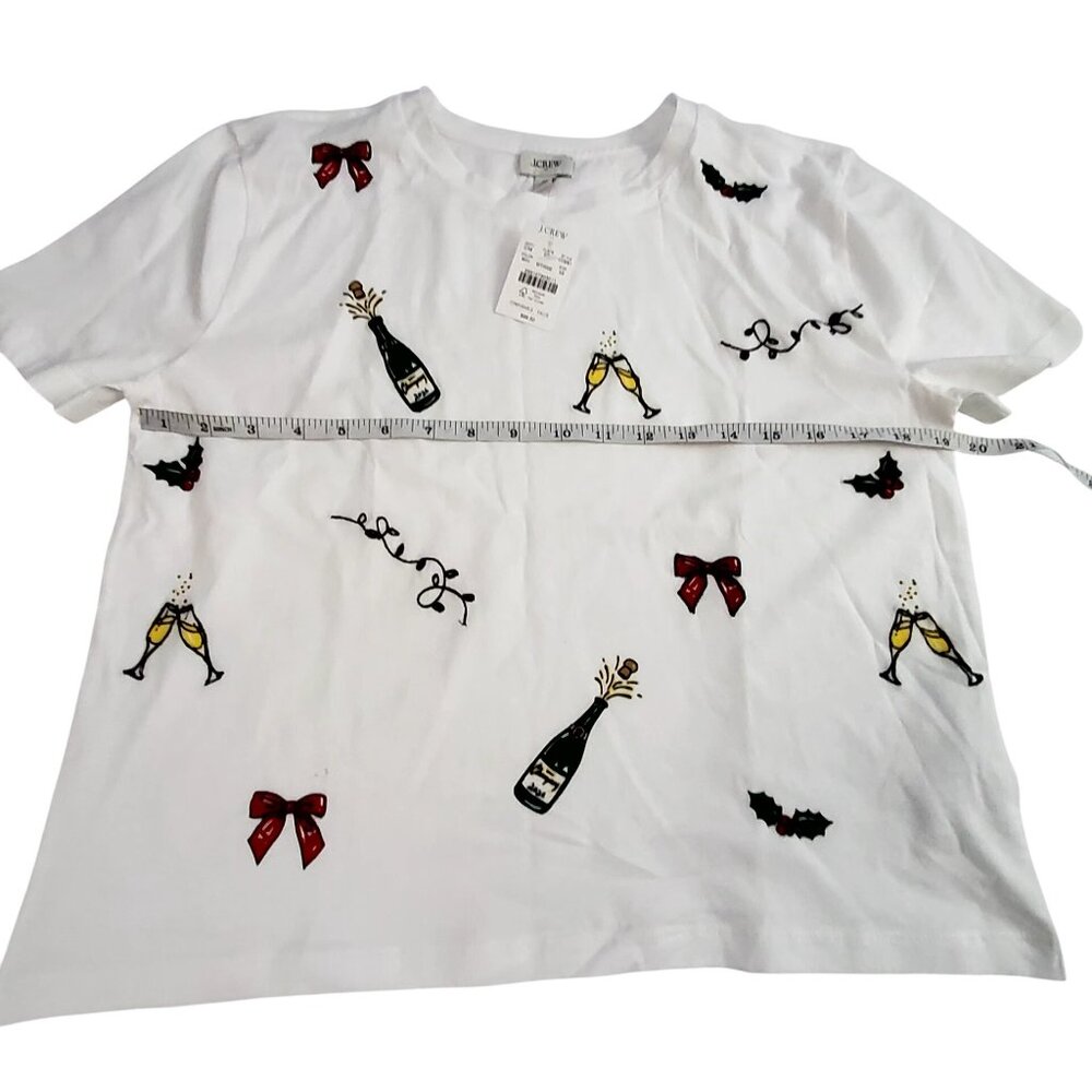 J. Crew White Holiday Graphic T-Shirt With Champagne & Festive Prints  Size S - Picture 3 of 8